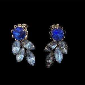Vintage Blue Crystal Rhinestone Clip-On Dangle Earrings Estate